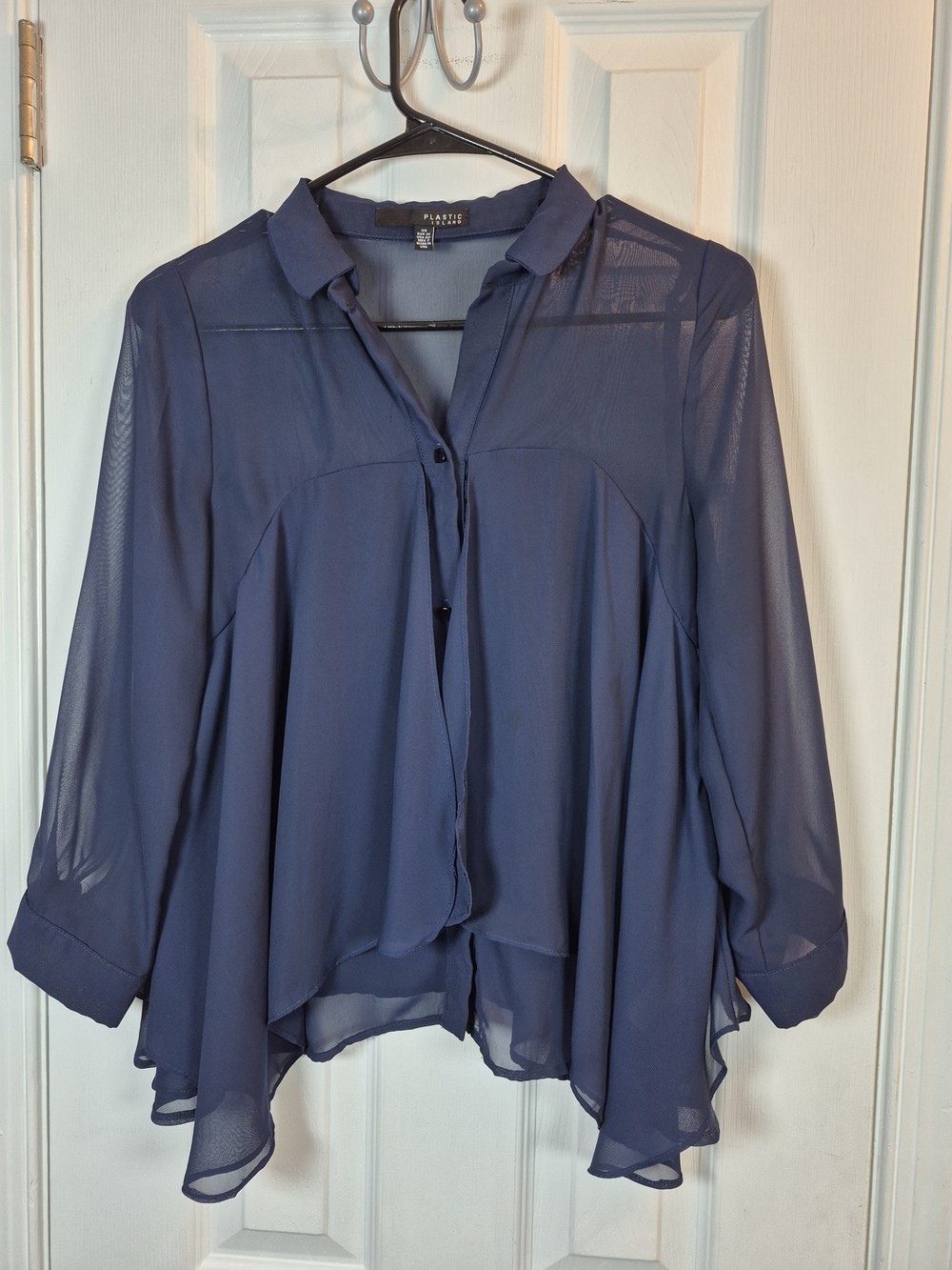 Plastic Island Sheer Navy Blue Asymmetrical Handkerchief Hem Blouse XS
